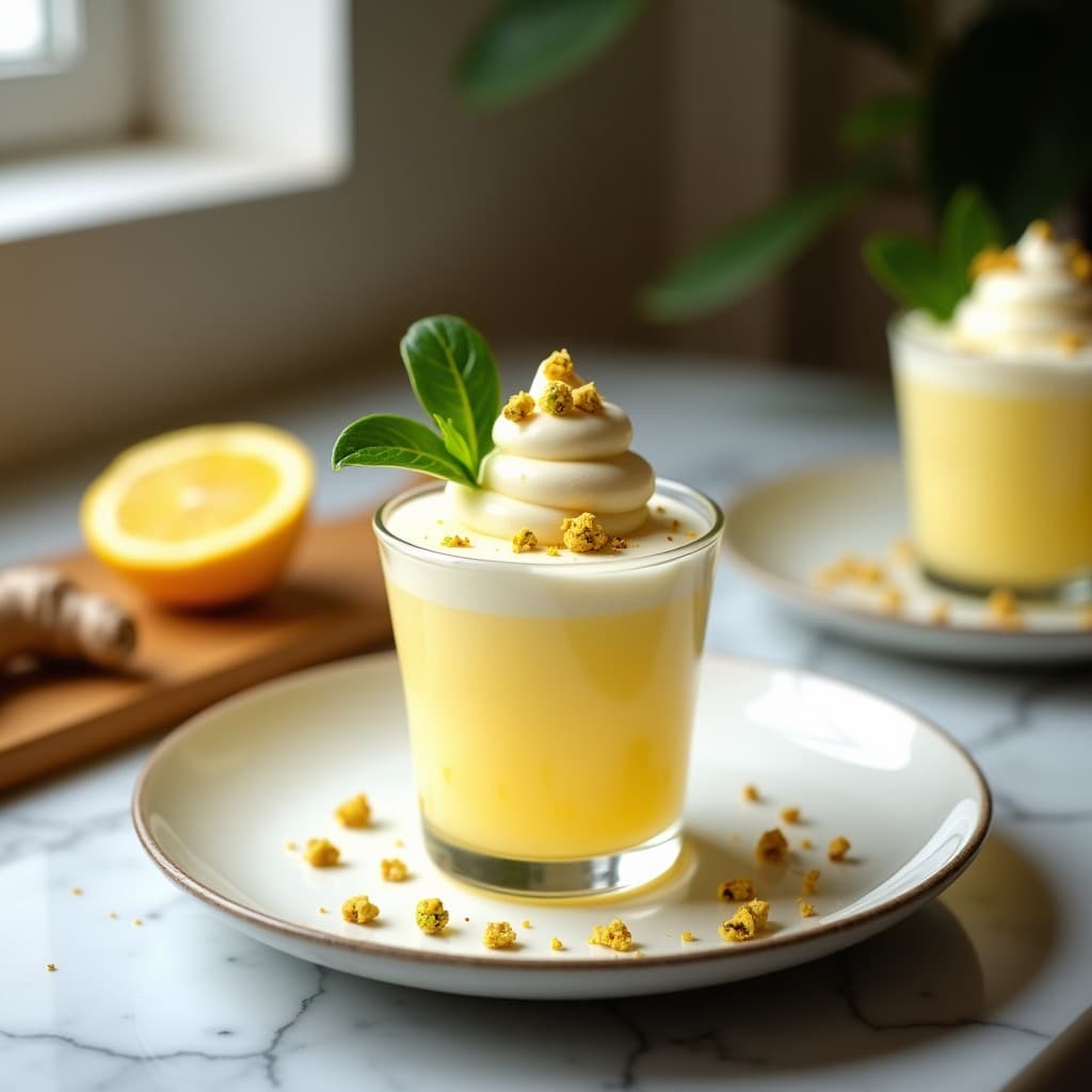 Copa de cristal transparente con helado cremoso de color amarillo pálido, coronado por un merengue esponjoso de aquafaba y espolvoreado con pistachos picados. Al fondo, rodajas de yuzu y jengibre fresco sobre una tabla de madera, resaltando los ingredientes clave de este postre japonés sin azúcar.