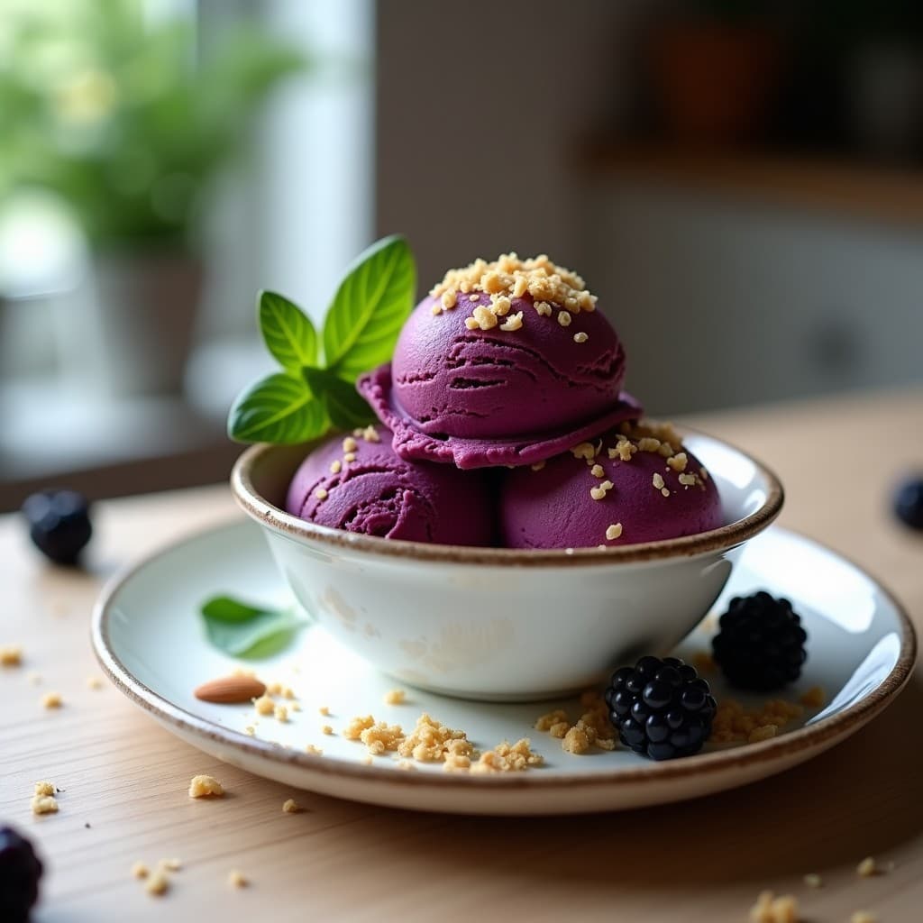 Copa de helado cremoso de zarzamora y albahaca con trocitos de crujiente de almendras doradas, decorado con hojas de albahaca fresca y zarzamoras enteras, postre francés sin lácteos.