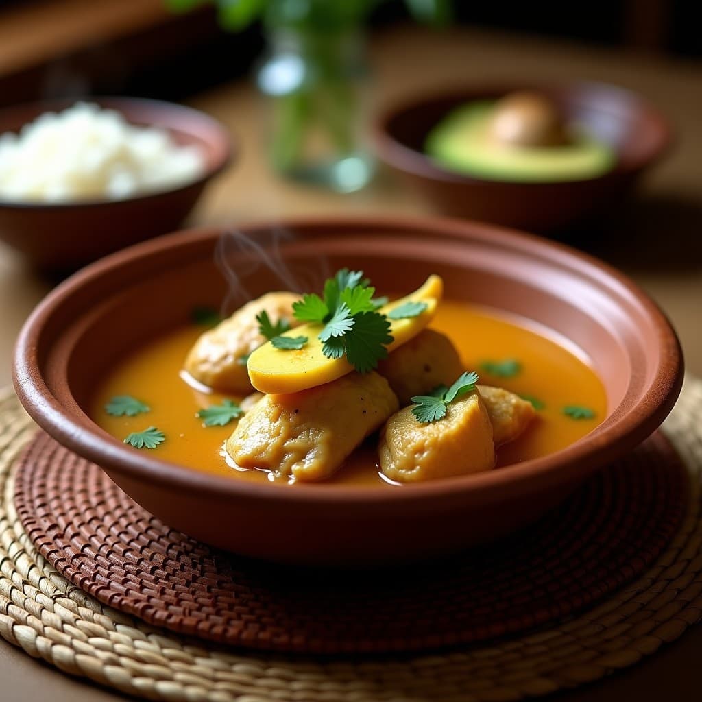 Plato hondo de barro con hervido de pollo con yuca y plátano macho, caldo dorado y espolvoreado de cilantro fresco. Receta colombiana tradicional en olla exprés.