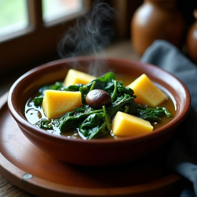 Plato hondo de barro con hervido de yuca y espinacas con ajo negro: trozos de yuca dorada, espinacas verdes y caldo espeso, decorado con rodajas de ajo negro. Receta cubana vegana tradicional.