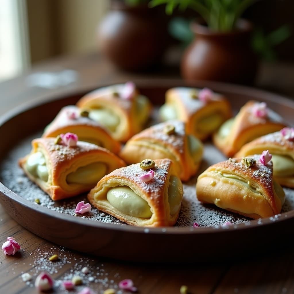 Hojaldres dorados y crujientes de masa de almendra dispuestos en una bandeja de madera oscura, rellenos de crema de pistacho verde claro y decorados con pétalos de rosa y pistachos picados. Receta francesa keto sin gluten.