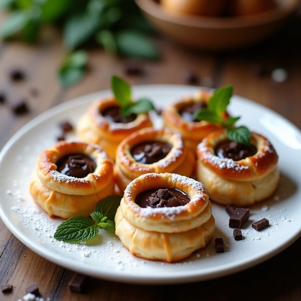Hojaldres dorados y crujientes rellenos de crema de castañas y chocolate negro, servidos en un plato blanco con azúcar glass espolvoreado, postre francés sin gluten en airfryer.
