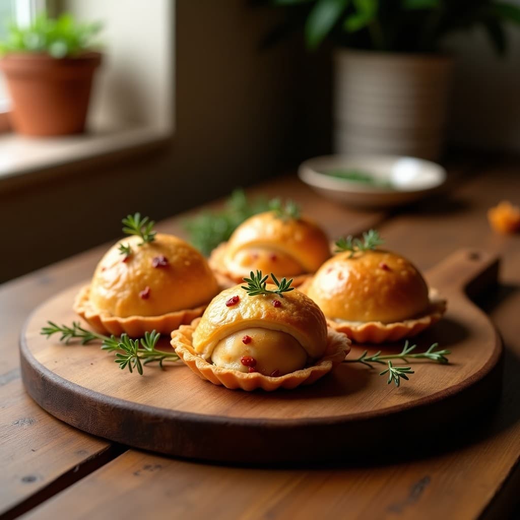 Hojaldres dorados y crujientes rellenos de champiñones Portobello y pimentón, servidos en una bandeja de madera con tomillo fresco. Receta en airfryer con toque francés.