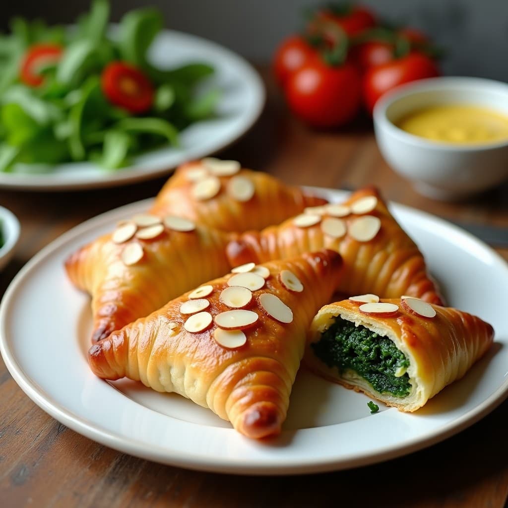 Hojaldres dorados y crujientes rellenos de espinaca y queso de almendra, servidos en una fuente de cerámica blanca con almendras fileteadas por encima, acompañados de una ensalada verde. Receta vegana en airfryer con toque francés.