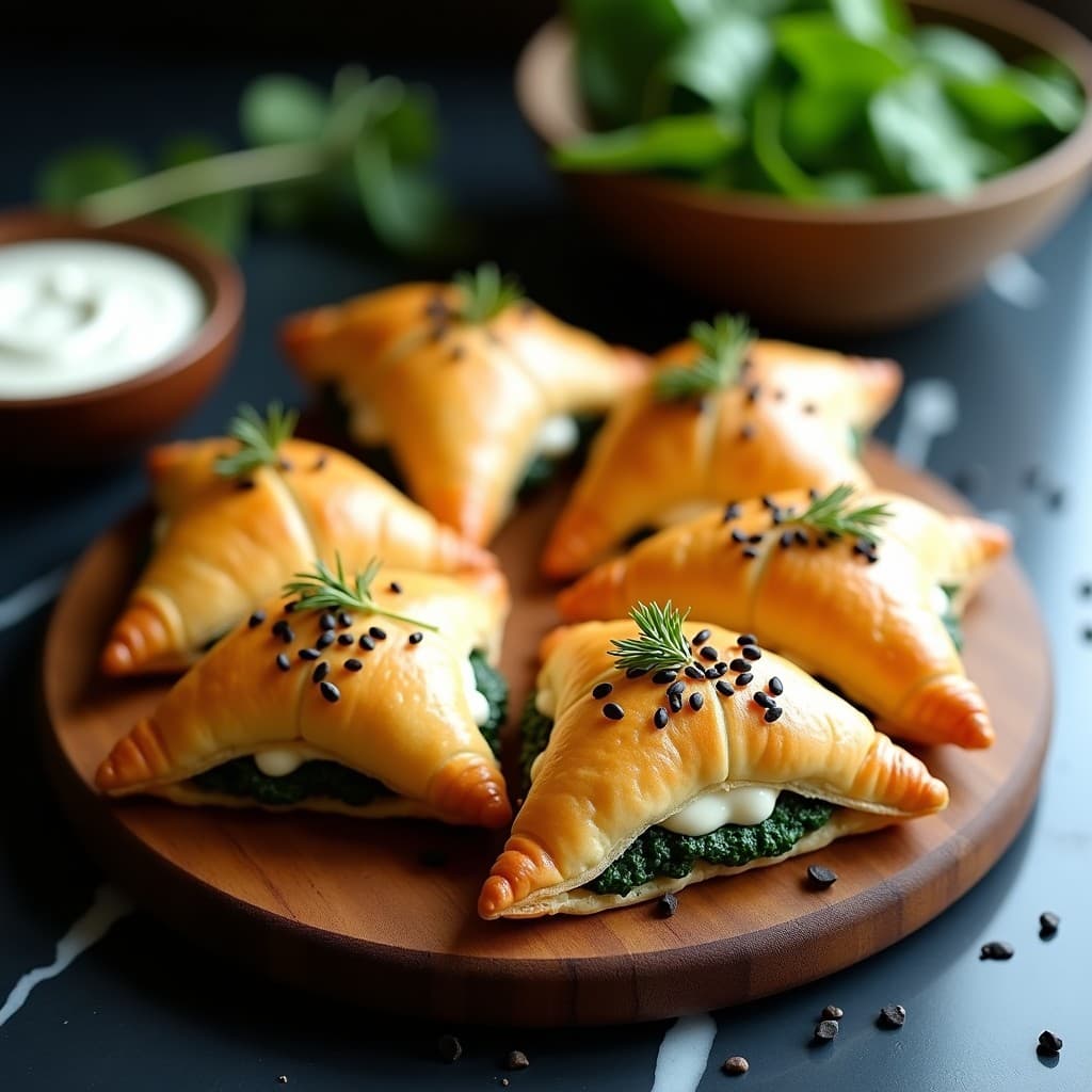 Hojaldres dorados y crujientes rellenos de espinaca y queso de anacardos, decorados con semillas de sésamo negro, servidos en una bandeja de madera con hierbas frescas al lado. Receta vegana en Airfryer.