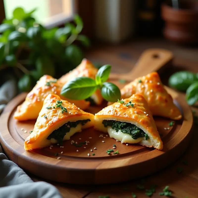 Hojaldres dorados y crujientes de masa filo rellenos de espinaca y queso de buffala, servidos en una bandeja de madera con semillas de sésamo espolvoreadas. Receta italiana en airfryer.