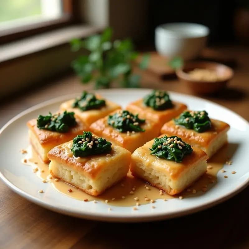 Hojaldres dorados y crujientes en forma de cuadrados, rellenos de una mezcla verde de espinaca y tofu sedoso, decorados con un hilo de salsa de sésamo cremosa y semillas de sésamo tostadas. Plato de entrada chino vegano listo para servir.