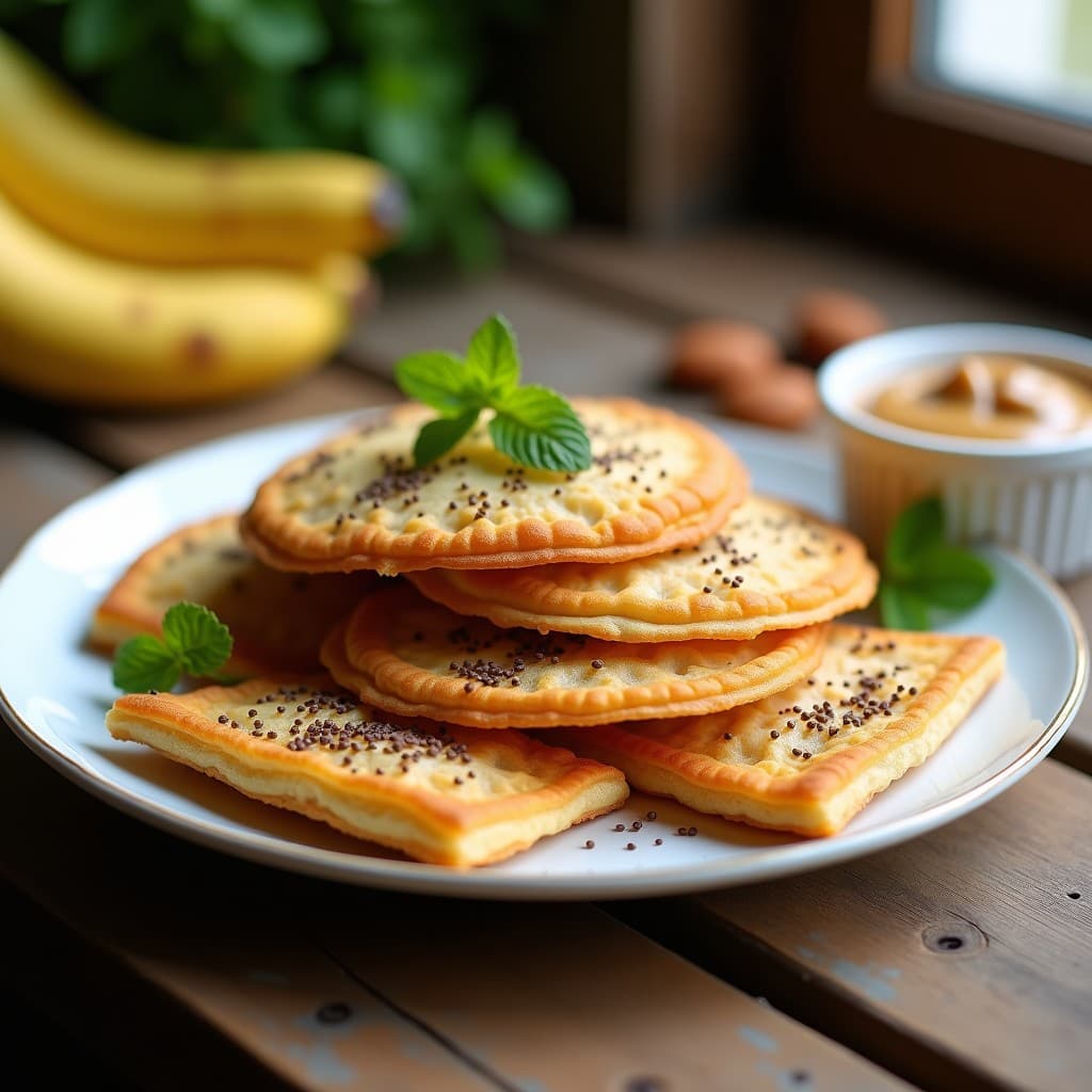 Hojaldres dorados y crujientes de harina de banano y semillas de chía apilados en un plato blanco, con textura en capas y semillas visibles, acompañados de un cuenco pequeño de crema de almendras. Desayuno keto sin horno.