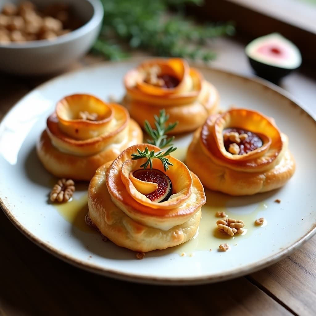Hojaldres dorados en forma de rosa con relleno de higo fresco y queso de cabra, espolvoreados con nueces picadas y miel de castaño, servidos en plato blanco rústico. Receta francesa rápida en airfryer.