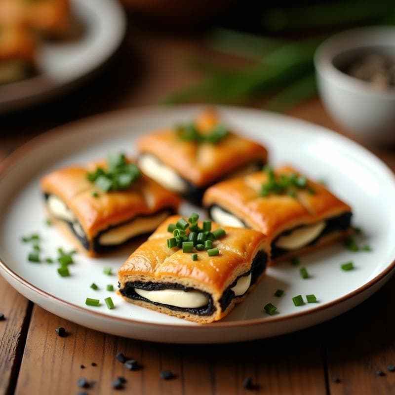 Hojaldres dorados y crujientes con un relleno cremoso de queso de burro, teñidos de negro por la tinta de calamar, servidos en un plato blanco con hojas de cebollino fresco. Receta venezolana sin horno y alta en proteína.