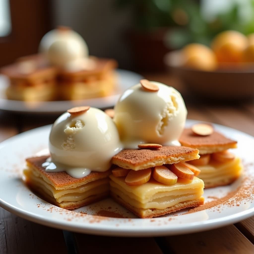 Hojaldres dorados y crujientes rellenos de manzana caramelizada con canela, servidos en plato blanco con bola de helado de vainilla y almendras fileteadas, postre francés en airfryer sin mantequilla.
