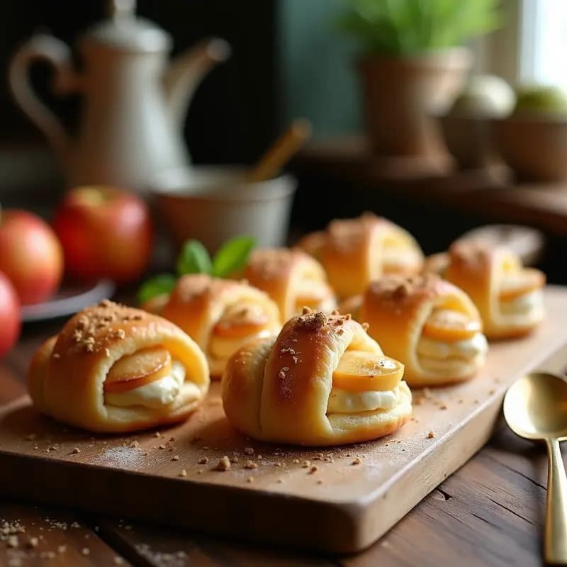 Hojaldres dorados y esponjosos con capas visibles, rellenos de queso crema de anacardos blanco y láminas de manzana caramelizada. Postre francés vegano sin lácteos sobre plato de porcelana blanca con fondo rústico.