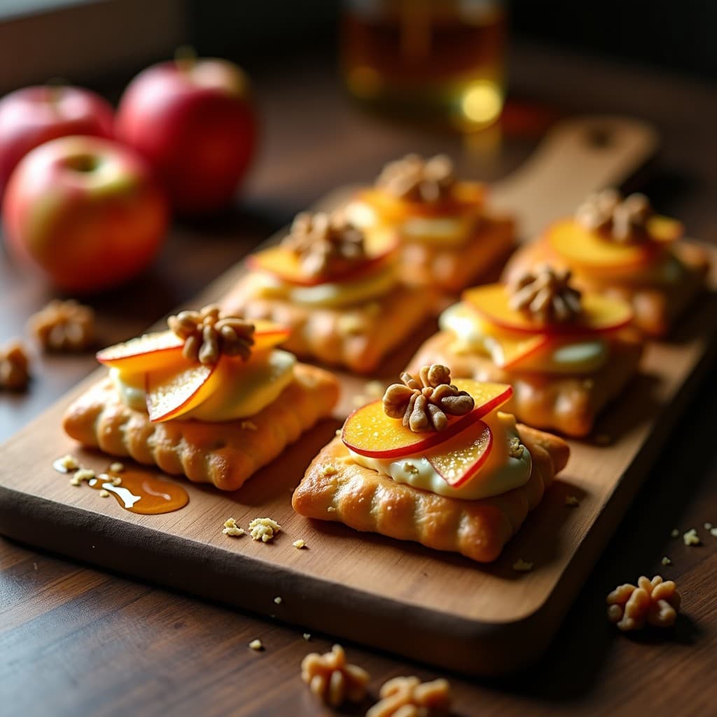 Hojaldres dorados y crujientes rellenos de láminas de manzana asada, queso brie cremoso y nueces, con un hilo de miel de trufa brillante por encima. Aperitivo francés elegante servido en bandeja de madera.