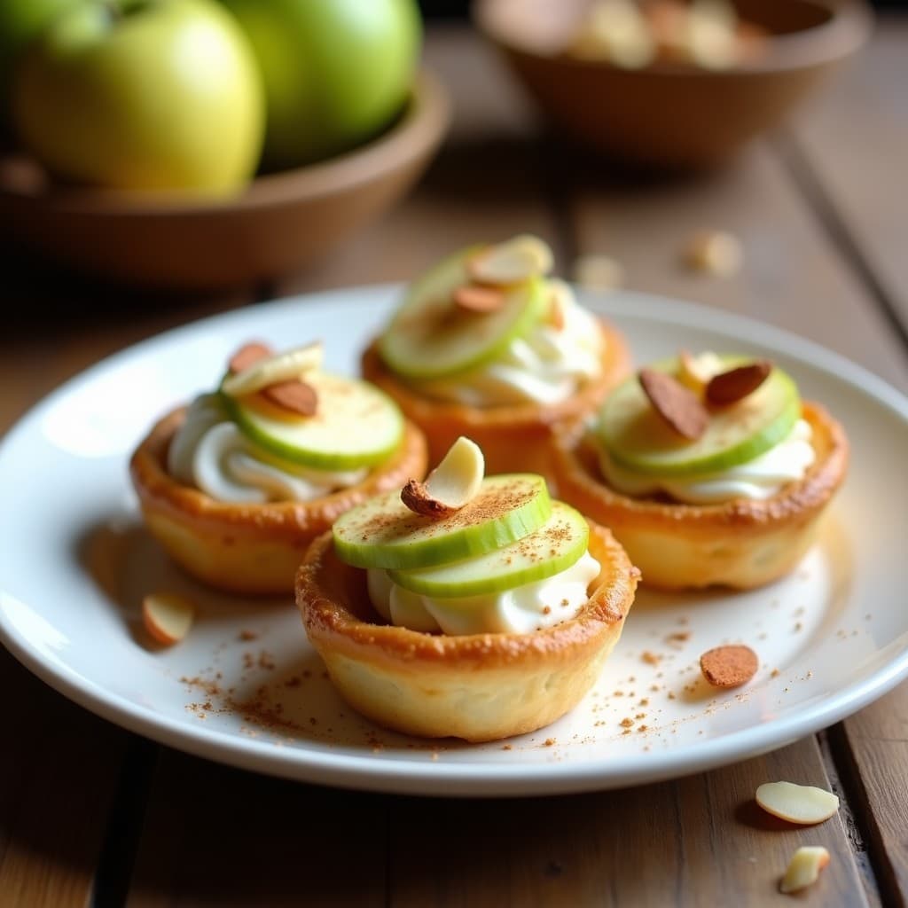 Hojaldres dorados y crujientes de manzana y queso ricotta servidos en plato blanco, con láminas de manzana asomando y un espolvoreado de canela, postre francés sin azúcar hecho en airfryer.