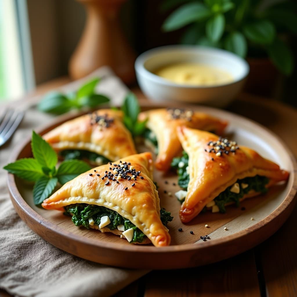 Hojaldres dorados y crujientes de masa filo rellenos de espinacas y queso de soja, servidos en una bandeja de madera con semillas de sésamo negro y perejil fresco. Receta griega vegana en Airfryer.