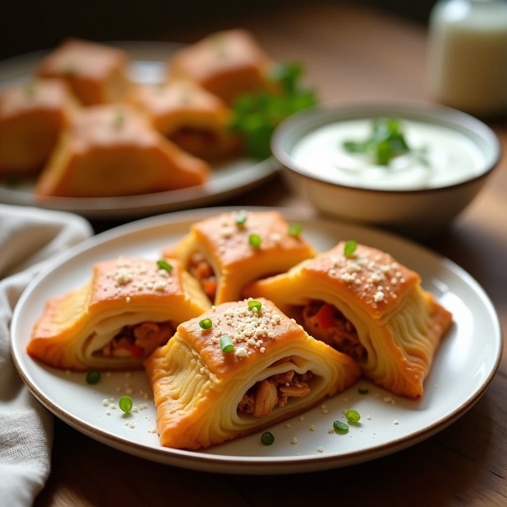 Hojaldres dorados y crujientes de masarepa rellenos de pollastre y ají dulce, servidos en un plato blanco con salsa de yogur al lado, receta venezolana en airfryer.