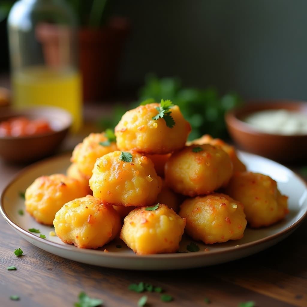 Hojaldres dorados y crujientes de yuca y queso de mandioca sobre un plato de madera rústico, con virutas de cebollino fresco y un fondo borroso de cocinas brasileñas. Receta keto en airfryer.