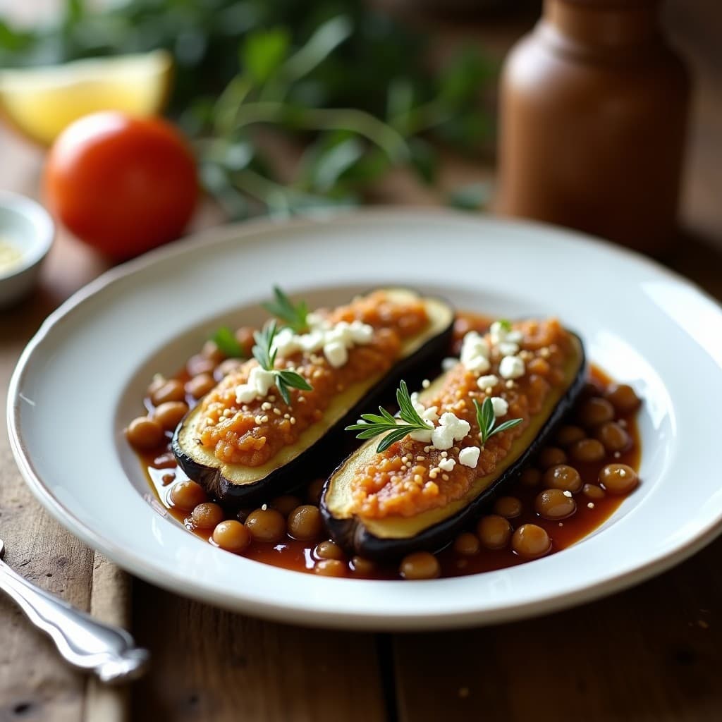 Holandas de berenjena asada rellena de lentejas beluga y queso feta desmenuzado, decoradas con perejil fresco y semillas de sésamo, servidas en bandeja de cerámica blanca sobre fondo rústico de madera.