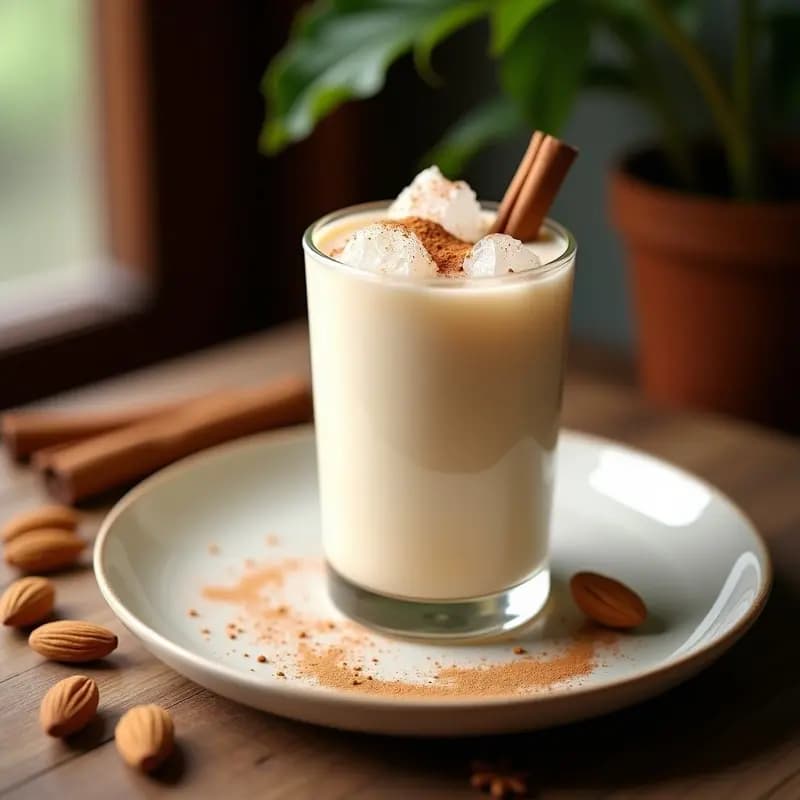Vaso alto transparente con horchata de almendra y canela vegana, servida con hielo picado y una rama de canela como decoración, sobre una mesa de madera rústica con ingredientes al fondo: almendras crudas, dátiles y una cucharita de canela molida.