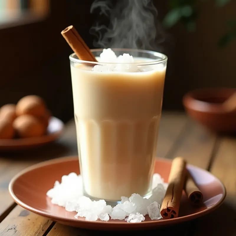 Vaso alto de cristal con horchata de almendra y canela, refresco mexicano vegano sin lactosa, servido con hielo picado y una ramita de canela como decoración, sobre una mesa rústica de madera con fondo desenfocado.