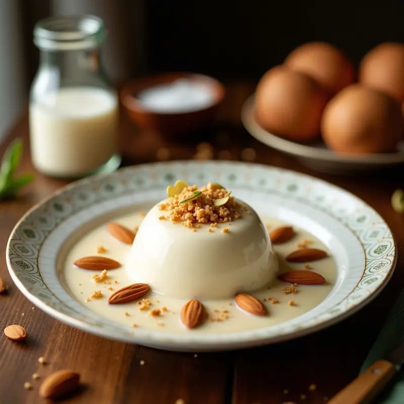 Vaso alto transparente con horchata de almendras y cardamomo, decorada con virutas de coco tostadas y una pizca de canela en polvo, sobre una mesa de madera rústica con semillas de cardamomo y almendras dispersas al fondo.