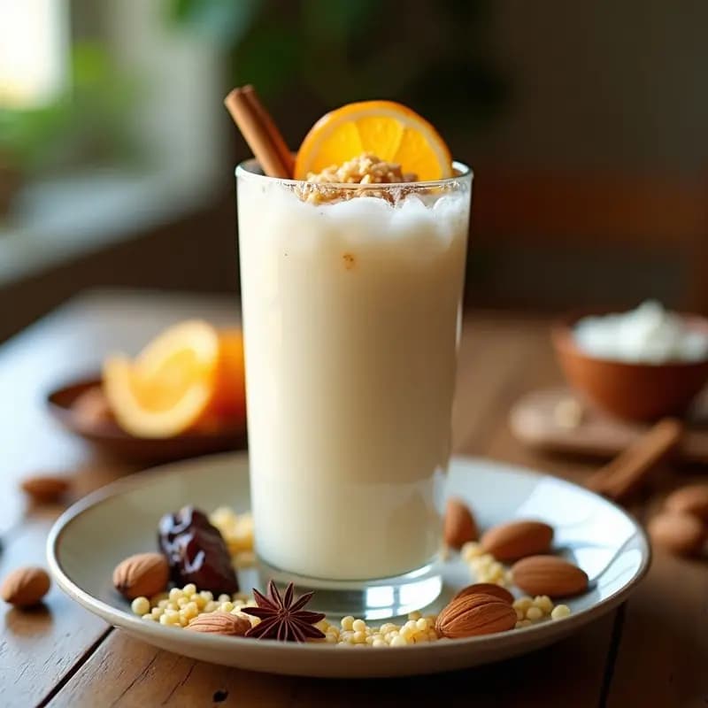Vaso alto de horchata de arroz y almendra sin azúcar, con tono crema claro, decorado con una ramita de canela y hielo. Fondo borroso con ingredientes como arroz, almendras y canela en rama.