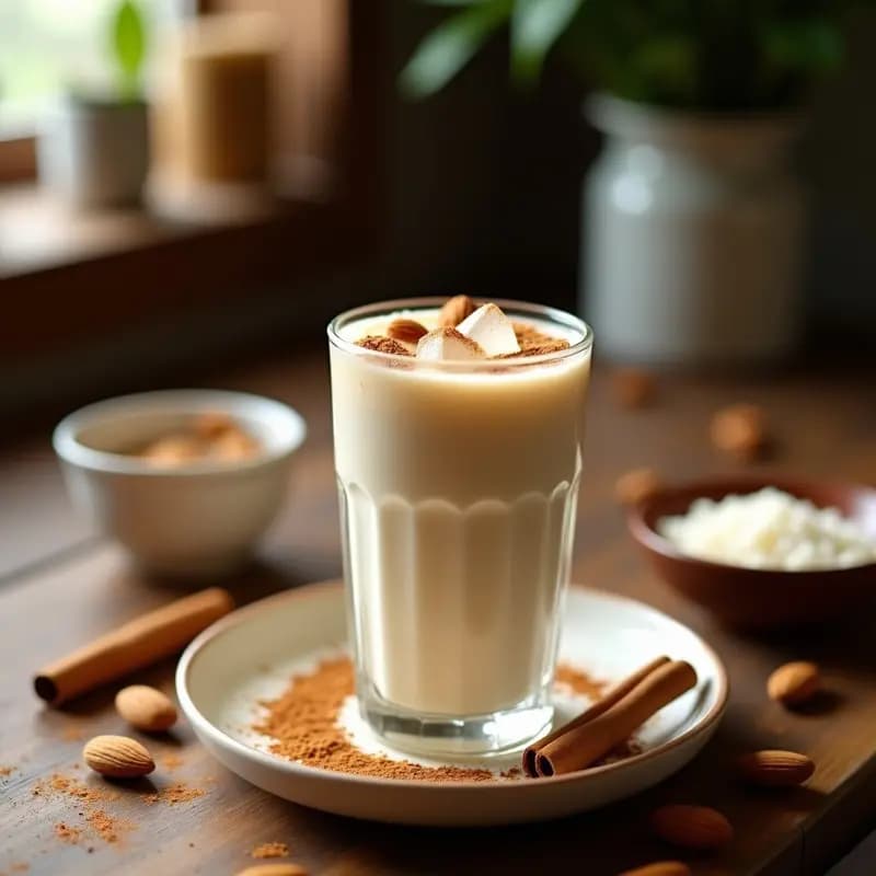 Vaso alto transparente lleno de horchata de arroz y almendras con canela, servida fría con hielo y espolvoreada de canela molida. Fondo borroso con ingredientes como arroz, almendras y canela en rama dispersos sobre una mesa de madera rústica.