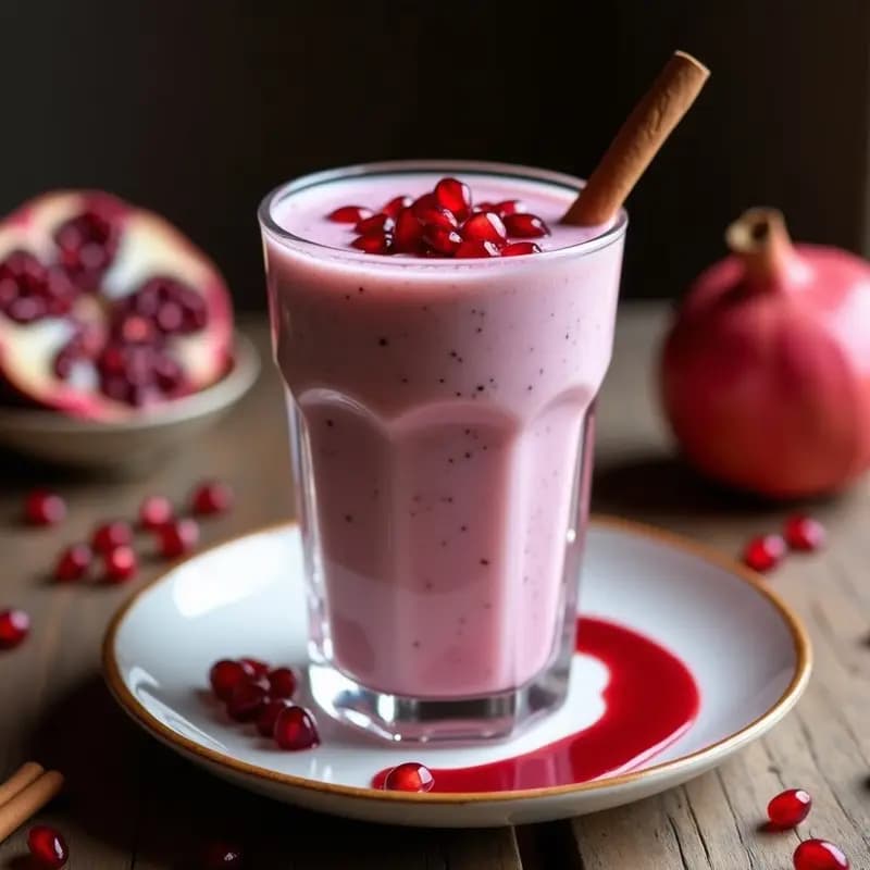 Vaso alto transparente con horchata de arroz y canela, coronada con un vibrante topping rojo de granadina. Al fondo, ingredientes como rama de canela, semillas de anís y cáscara de limón sobre una mesa rústica de madera.