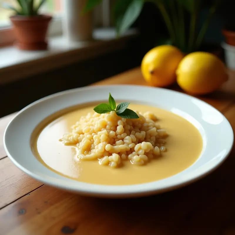 Vaso alto transparente con horchata de arroz con canela y limón, servida con hielo y una ramita de canela como decoración, sobre una mesa rústica de madera con rodajas de limón al lado.