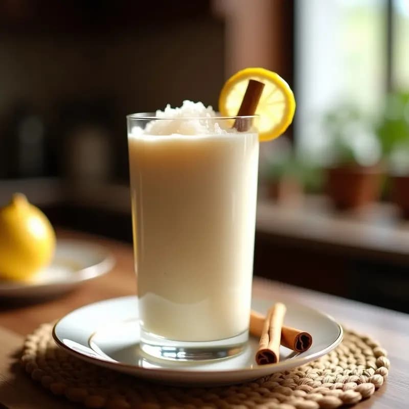 Vaso alto transparente con horchata de arroz y canela sin lactosa, decorado con una ramita de canela y hielo, sobre una mesa de madera rústica con fondo borroso.