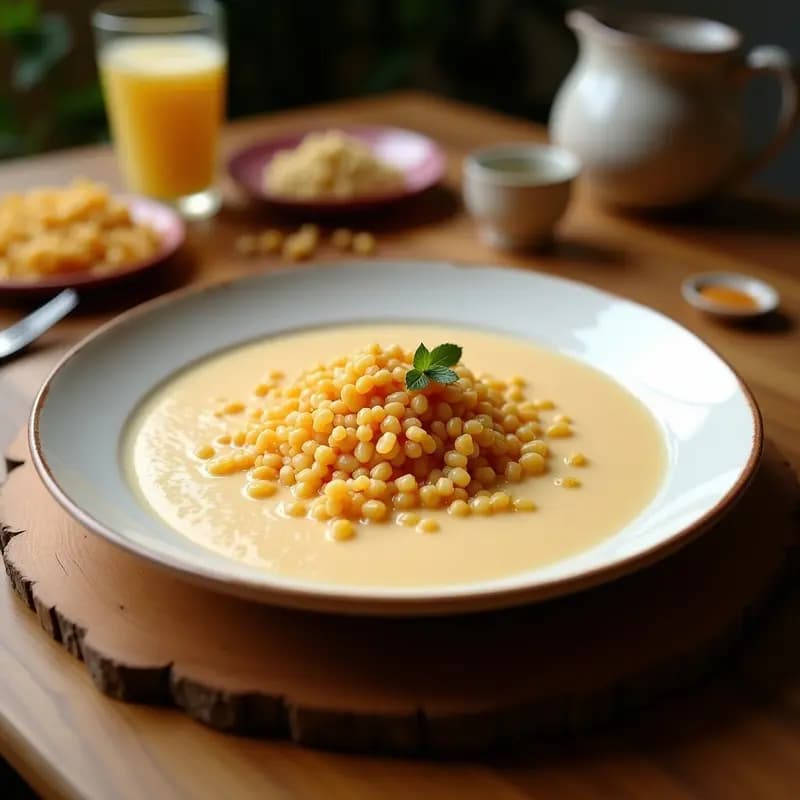 Vaso alto transparente con horchata de arroz cremosa y espumosa, decorada con una rama de canela y semillas de vainilla sobre una mesa de madera rústica. Fondo borroso con ingredientes como arroz, dátiles y canela en rama.