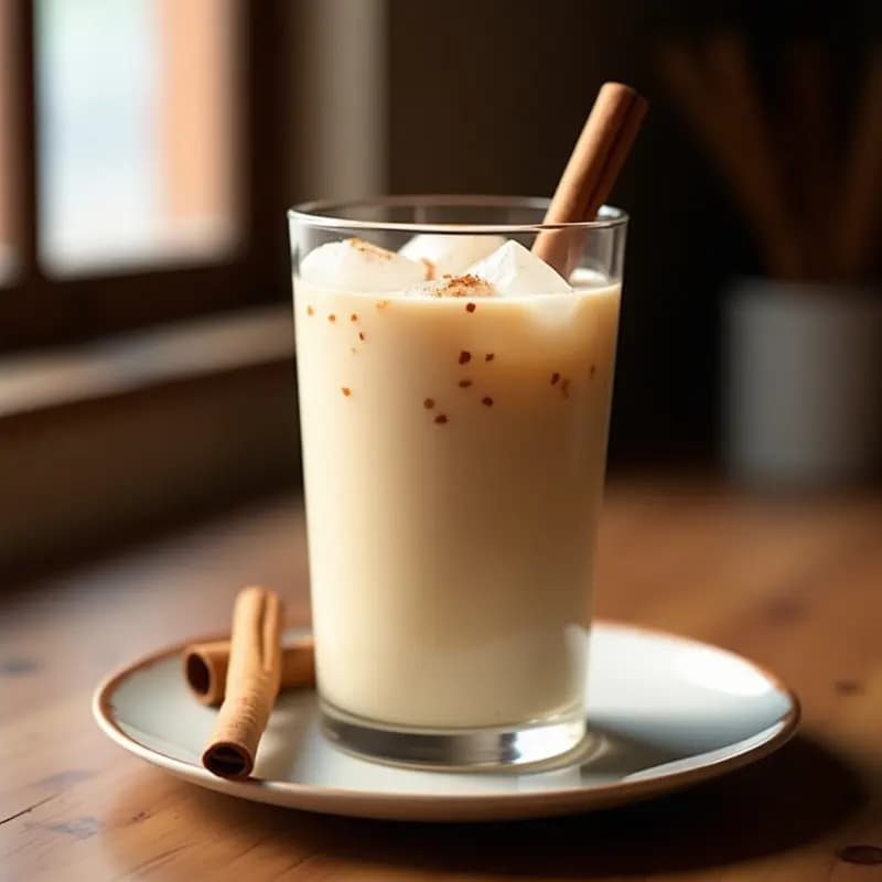 Vaso alto de cristal lleno de horchata de arroz y morro con canela, de color crema claro con motas doradas, servida con hielo picado y una rama de canela como decoración, sobre una mesa de madera rústica con luz natural.