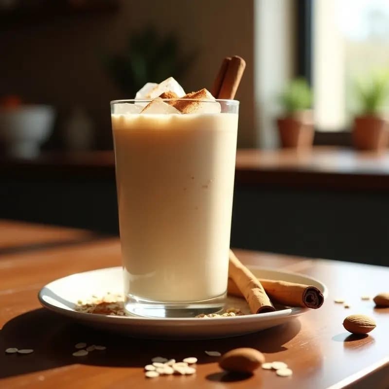 Vaso alto de cristal con horchata de avena y canela, espolvoreada con canela en polvo, servida sobre una mesa de madera rústica con una rama de canela y almendras al lado. Bebida cremosa y refrescante, versión saludable de la clásica mexicana.