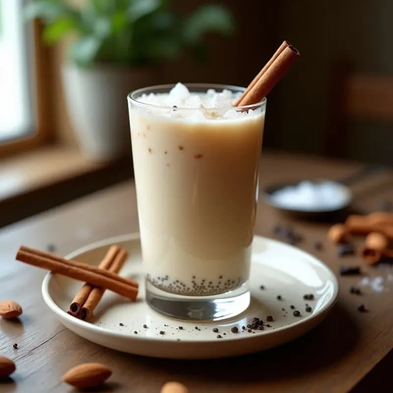 Vaso alto de cristal con horchata keto cremosa de color beige claro, espolvoreada con canela en polvo, semillas de chía visibles en la superficie y hielo picado. Fondo con canela en rama y granos de chufa dispersos sobre una mesa de madera rústica.