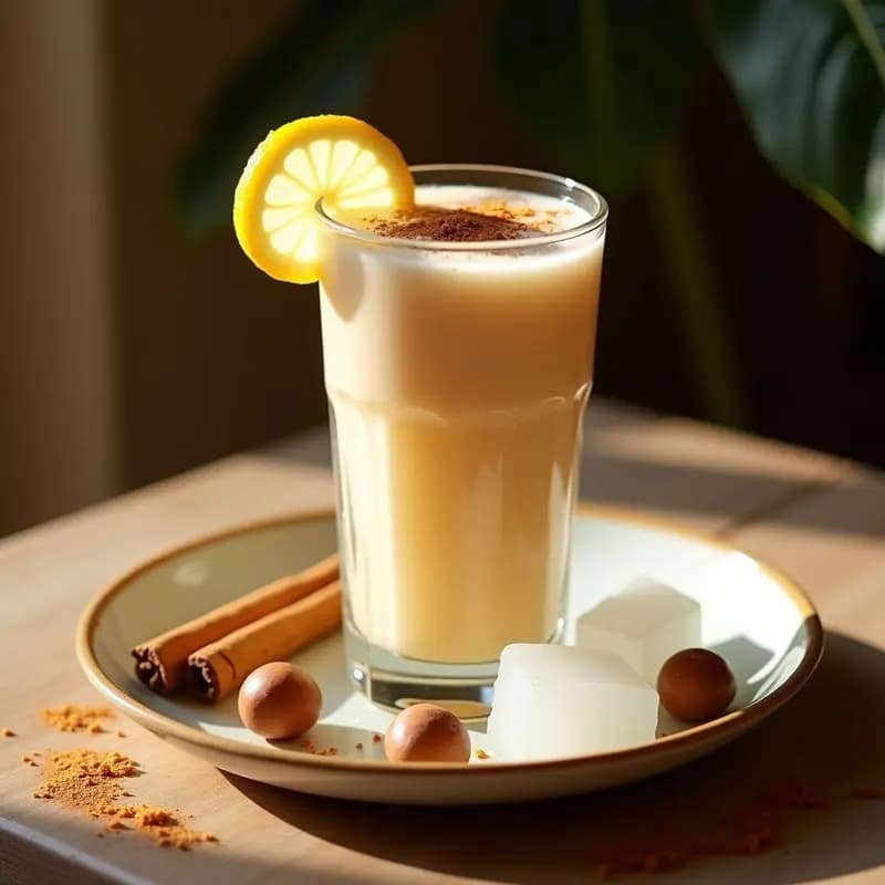 Vaso alto de cristal con horchata valenciana cremosa, espolvoreada con canela molida y decorada con una rodaja de limón y hielo picado, sobre fondo rústico de madera con chufas y una rama de canela al lado.