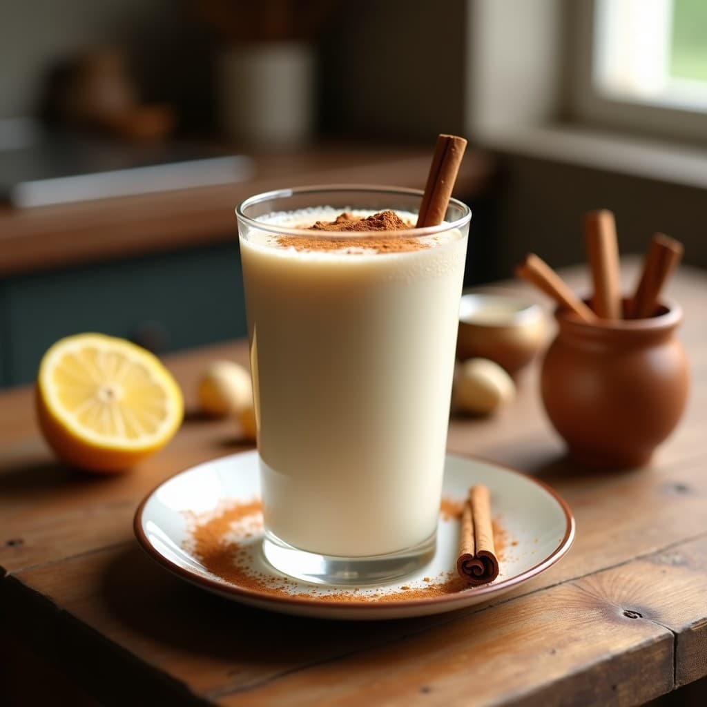 Vaso alto transparente lleno de horchata de chufa y canela, con un color blanco cremoso y una pizca de canela en polvo espolvoreada en la superficie, servida con hielo y una rama de canela como decoración, sobre un fondo rústico de madera con chufas y limones al lado.