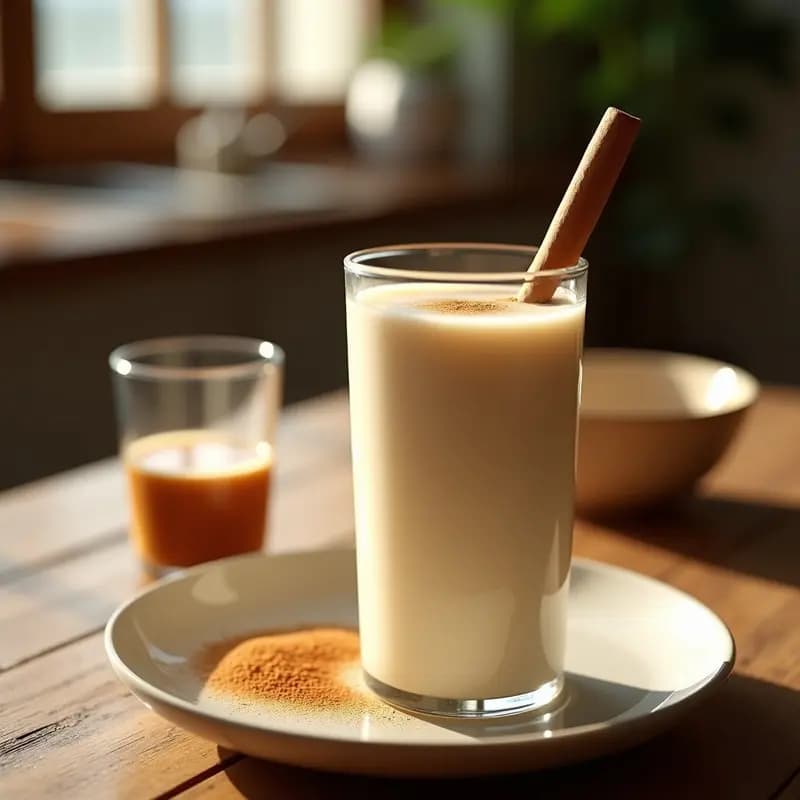 Vaso alto de cristal lleno de horchata de chufa casera valenciana, fría y cremosa, con una pizca de canela en polvo espolvoreada por encima y una rama de canela al lado, sobre una mesa rústica de madera con fondo desenfocado.