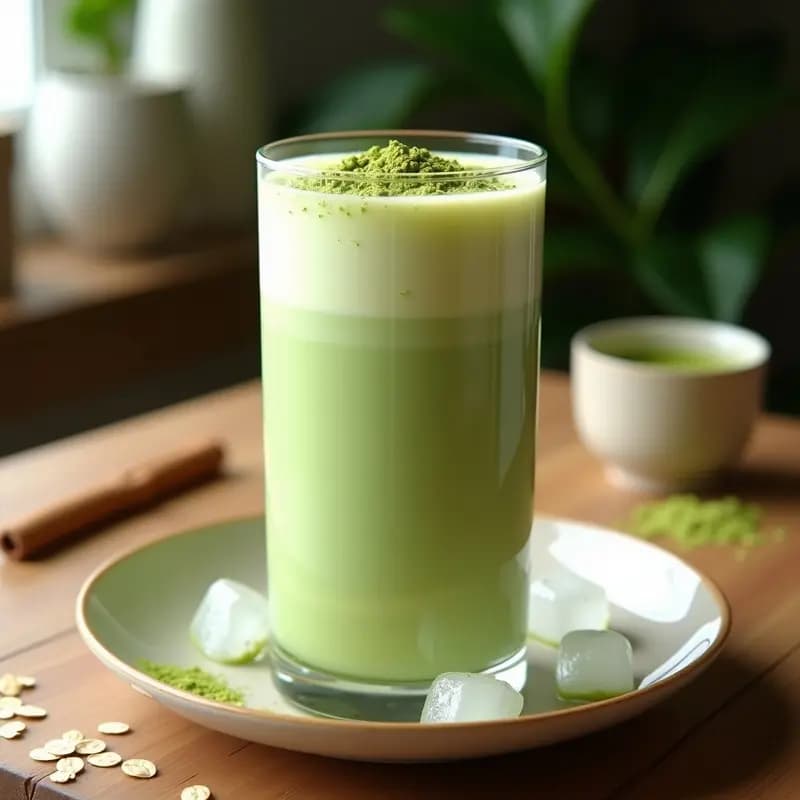Vaso alto transparente con bebida de horchata con matcha y avena, de color verde pálido con vetas cremosas, decorado con una pizca de matcha en polvo y canela en la superficie, servido con hielo y una pajita de bambú sobre una mesa de madera rústica.