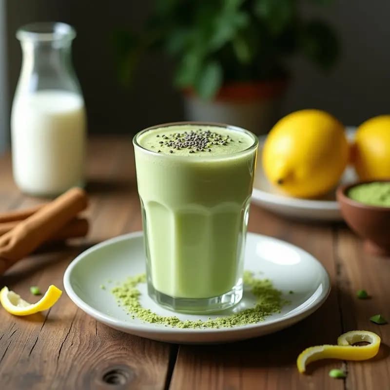 Vaso alto transparente con bebida de horchata con matcha y leche de almendras, de color verde claro con espuma, decorado con canela en polvo y servido con hielo. Fondo de madera rústica y hojas de menta.