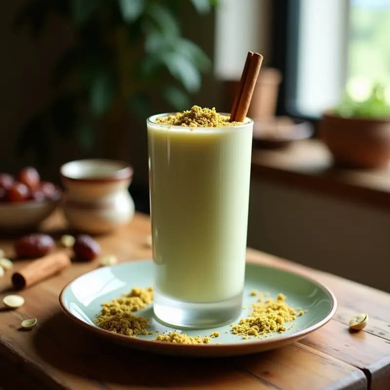 Vaso alto transparente lleno de horchata de pistacho y dátiles, con textura cremosa y color beige claro, decorado con hielos, pistachos picados y una pizca de nuez moscada rallada. Fondo borroso con ingredientes como dátiles y pistachos enteros.