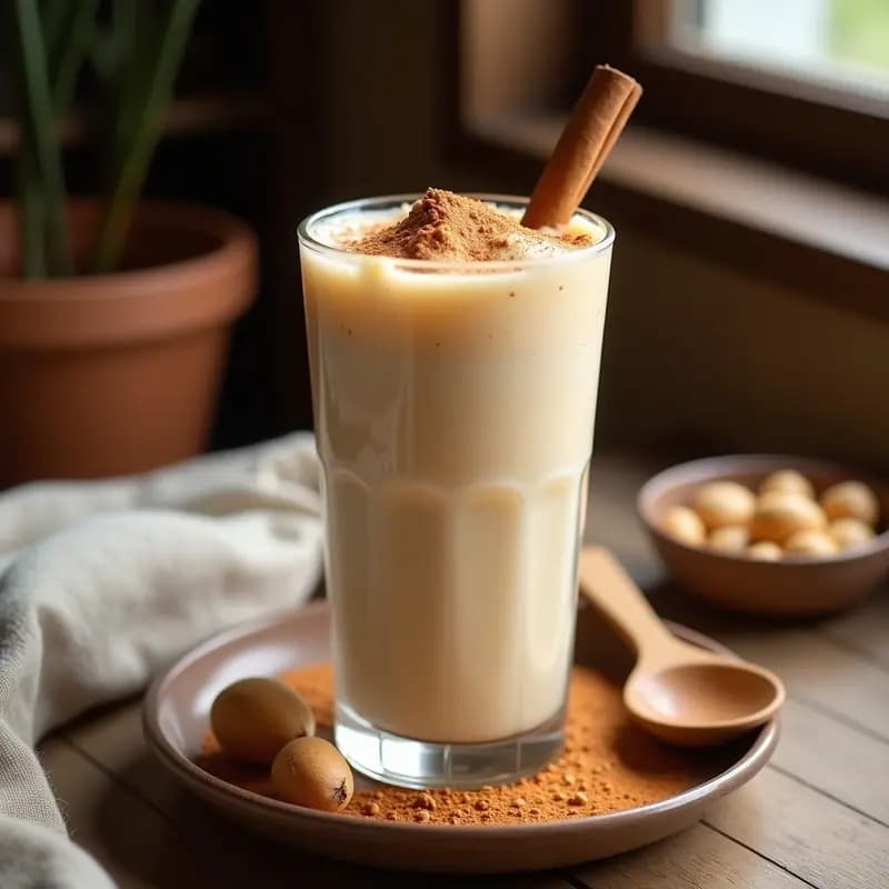 Vaso alto de cristal con horchata de tigernut con canela, espolvoreada con canela molida y servida con hielo picado, sobre una mesa de madera rústica con chufas y una rama de canela al fondo.