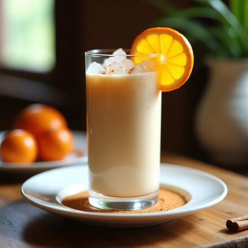 Vaso alto transparente con horchata de tigernut y canela con hielo, decorado con una rama de canela y rodaja de limón, sobre una mesa rústica de madera con fondo desenfocado.