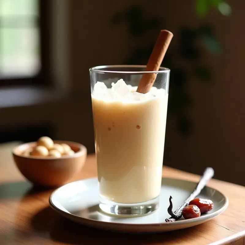 Vaso alto transparente con horchata de tigernut y vainilla sin gluten, servida fría con hielo picado y una ramita de canela. Fondo borroso con tigernuts y vainilla en pasta sobre una mesa de madera rústica.