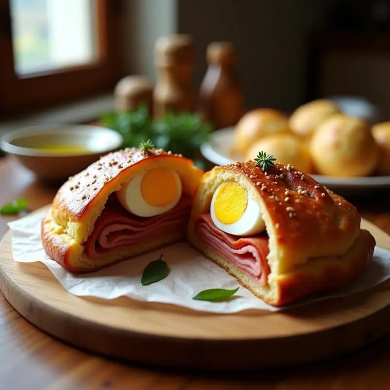 Hornazo de Salamanca recién horneado, dorado y crujiente, cortado por la mitad mostrando su relleno de chorizo, jamón serrano, lomo y huevo duro. Plato tradicional español ideal para excursiones.
