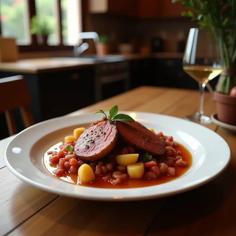 Hornazo de Salamanca dorado y esponjoso relleno de jamón serrano, chorizo ibérico y salchichón, con queso Manchego fundido. Presentado en tabla de madera con fondo rústico.