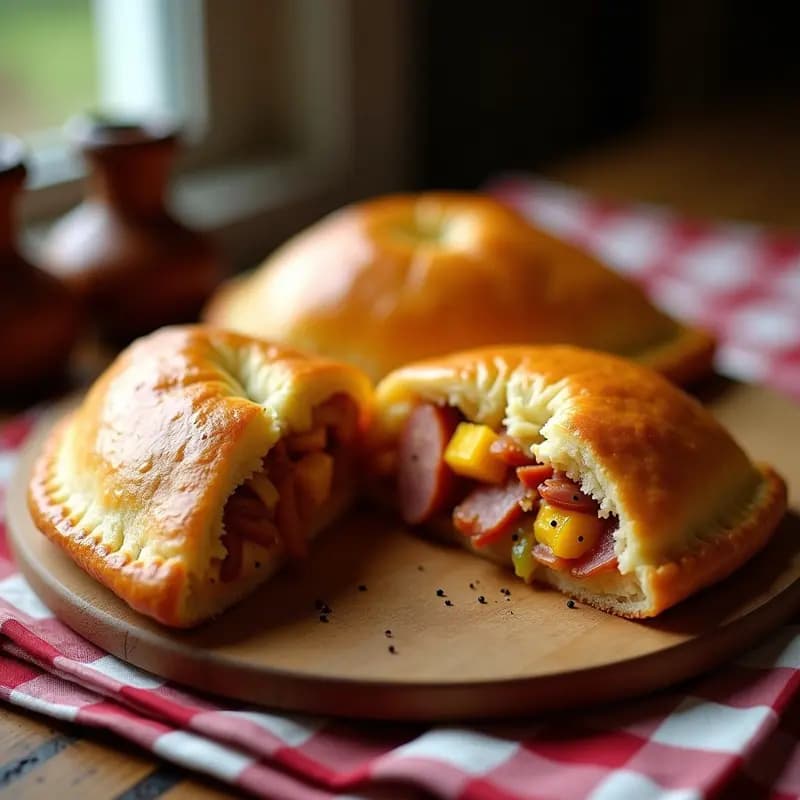 Hornazo de Salamanca recién horneado, empanada dorada de masa de pan con relleno de lomo, chorizo y jamón serrano, cortado por la mitad para mostrar su interior jugoso.