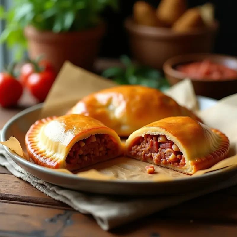 Hornazo salamantino recién horneado, empanada dorada y crujiente con relleno de lomo, jamón y chorizo, cortada en porciones sobre una tabla de madera rústica, ideal para excursiones.