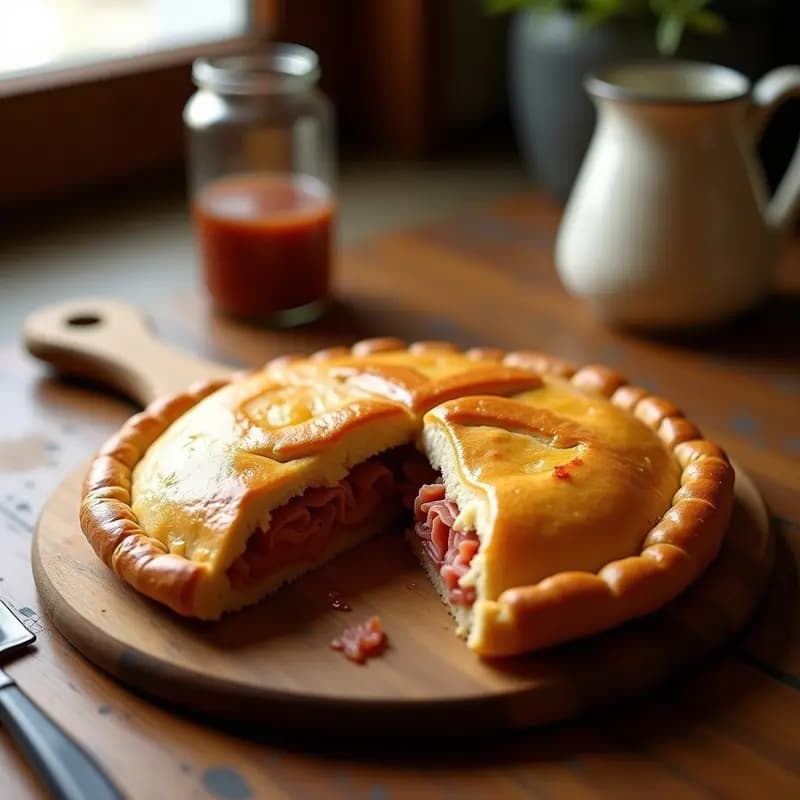 Hornazo salmantino dorado recién horneado con corte en cruz en el centro, mostrando su relleno de embutidos ibéricos y huevo duro en rodajas. Empanada tradicional para llevar con textura esponjosa.