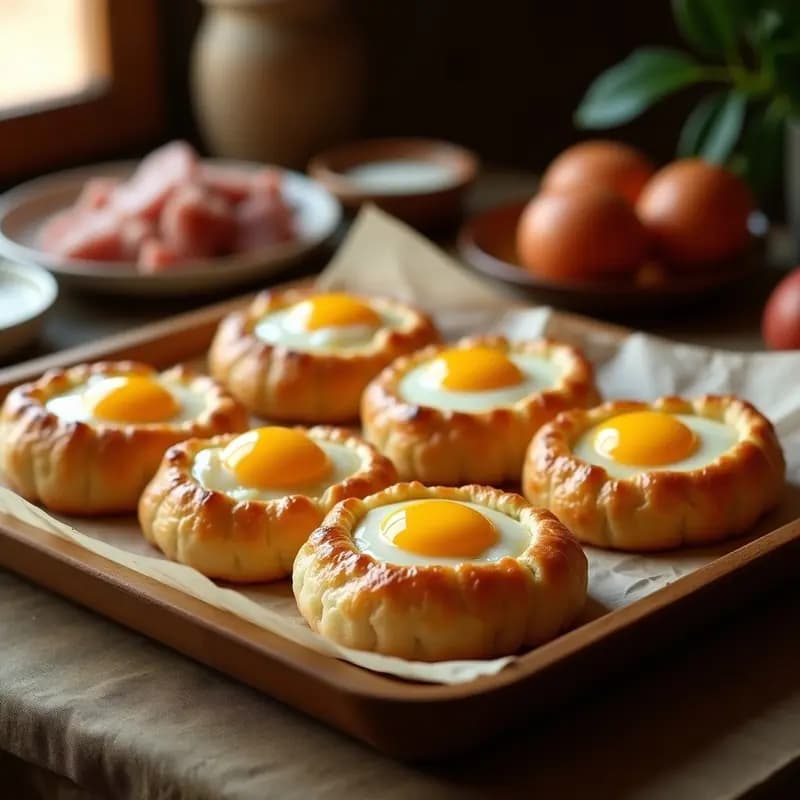 Hornazos de Salamanca recién horneados, empanadas doradas y crujientes con relleno de huevo duro entero, dispuestos en una bandeja de madera rústica sobre papel de horno.