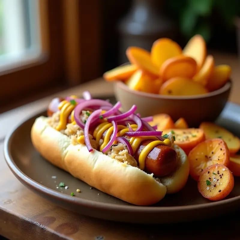 Hot dog estilo alemán con salchicha Bratwurst dorada en pan esponjoso, cubierto de chucrut, cebolla morada, queso Gouda ahumado fundido y mostaza dulce, acompañado de patatas crujientes horneadas con pimentón.